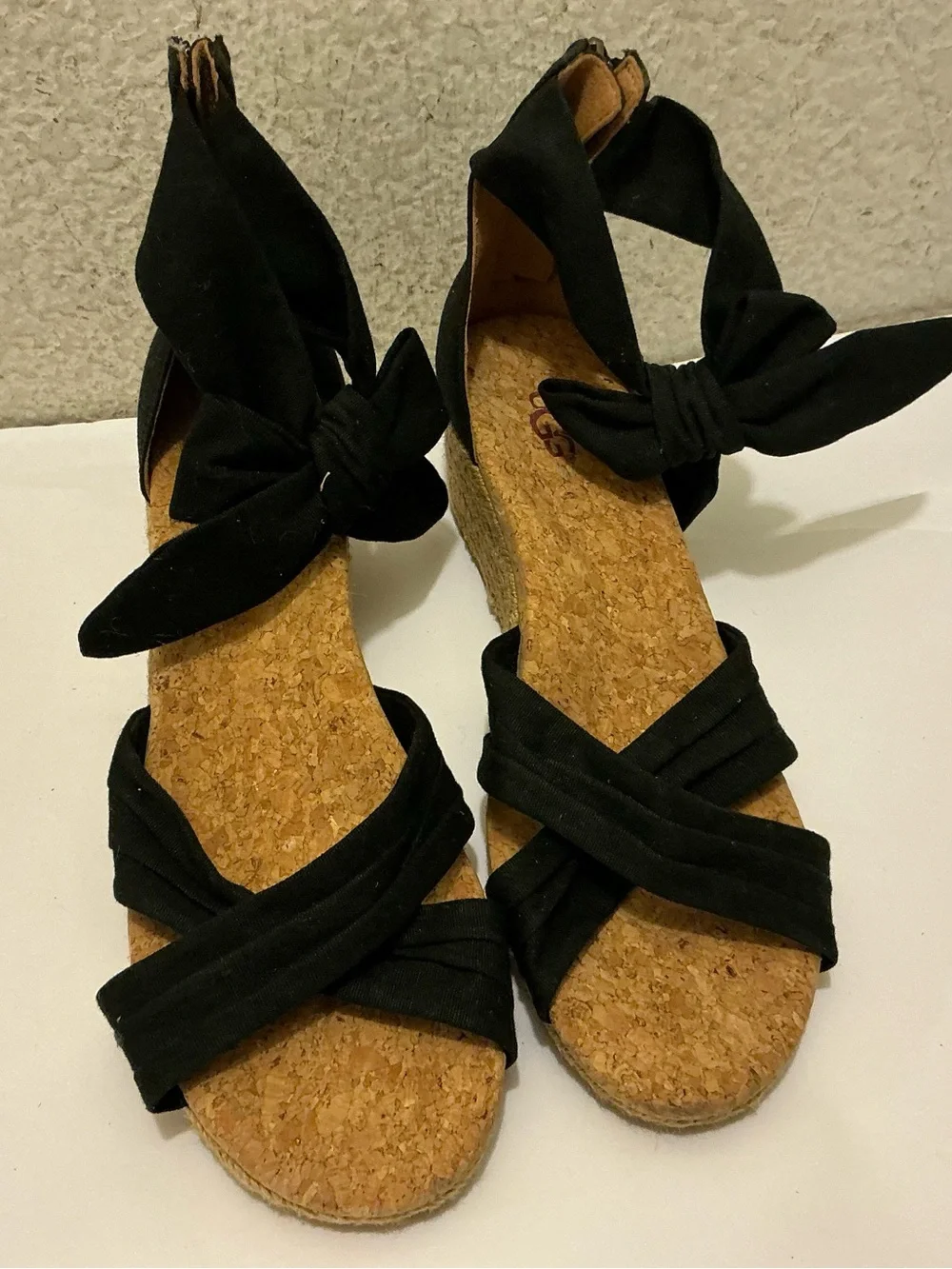 Ugg Traci Espadrille Wedge Sandals Women 7.5 Black Open Toe Ankle Bow Casual Zip